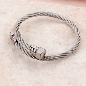 Stainless Steel Cable Wire Bracelet Industrial Hexagon Nut Screw Head Open Cuff Bangle Jewelry For Women Men
