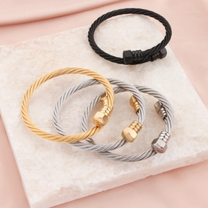 Industrial hex nut twisted cable stainless steel bangles in four metallic finishes