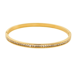 Minimalist gold plated bangle with full square-cut zircons on a white background