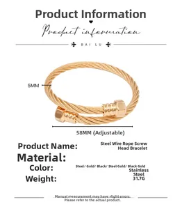 Macro shot of gold steel wire rope bracelet with detailed 58mm diameter dimensions