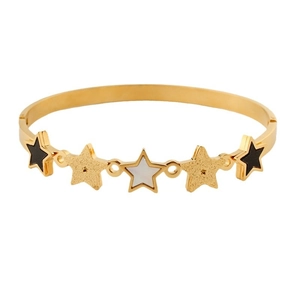 Golden stainless steel bangle featuring five-pointed stars with black and white inlay