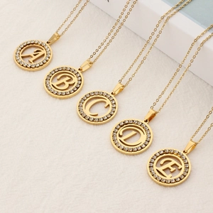 Gold Plated Stainless Steel Round Initial Letter Pendant Necklace With Rhinestone For Women Fashion Alphabet Necklace Jewelry