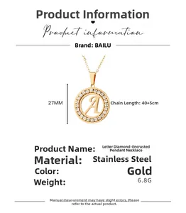 Detailed size and weight guide for gold stainless steel alphabet A pendant necklace
