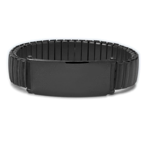 Detail of black stainless steel expansion band with polished rectangular ID plate