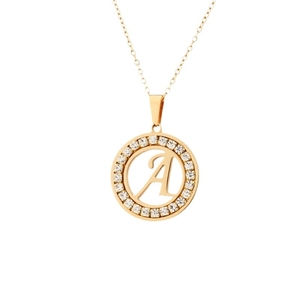 Collier en acier inoxydable doré avec pendentif rond scintillant lettre A gravée