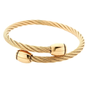Gold-tone twisted cable cuff bangle for men featuring polished barrel end caps