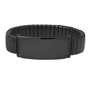 Men's black stainless steel stretch ID bracelet with a polished rectangular metal plate
