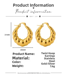 Detailed size specifications for gold twisted croissant hoop earrings in stainless steel