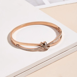 Elegant Rose Gold Plated Stainless Steel Bangle Rhinestone Encrusted Knot Crossover Fashion Bracelet For Women