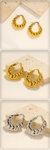 Detailed close-up of 18K gold and silver croissant hoop earrings with spiral texture