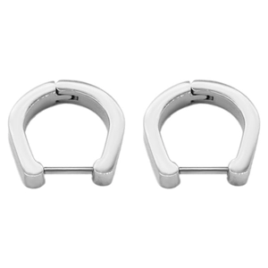 Close-up of silver U-shaped titanium steel hoop earrings with polished finish on white base