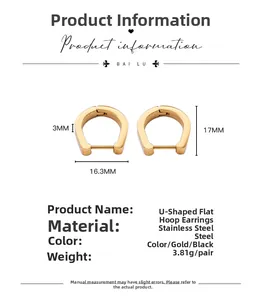 U-shaped stainless steel gold hoop earrings showing detailed dimensions and weight