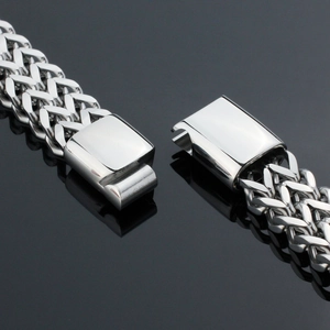 Polished double-row dragon bone weave stainless steel men's bracelet with magnetic clasp