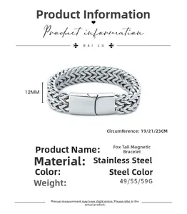 Detailed size chart for 12mm stainless steel foxtail bracelet with magnetic clasp