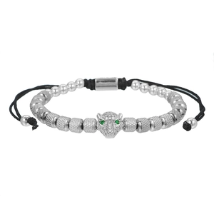 Silver leopard head titanium steel bracelet with green eyes and adjustable black cord