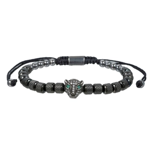 Leopard Head Beaded Bracelet Stainless Steel Cubic Zirconia Adjustable Woven Rope Textured Beads Jewelry For Men Women