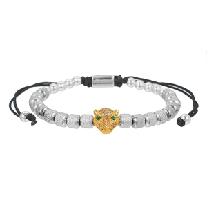 Titanium steel leopard head beaded bracelet with cubic zirconia and adjustable black cord