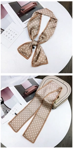 Close-up of champagne polka dot twilly scarf tied on a handbag with French style