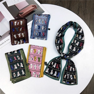 Silk-like satin cat print long twilly scarf set for women in five assorted fashion colors
