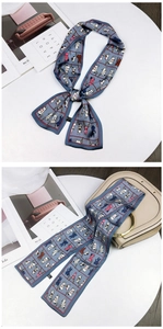 Blue animal print silk twilly scarf with cute cat patterns for neck or bag decoration