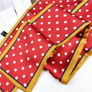 Polka dot red satin scarf for women in smooth polyester with yellow stitched edges