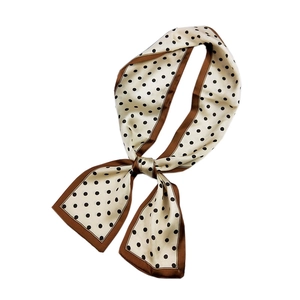 French vintage polka dot silk scarf in beige with black dots and brown borders