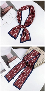 Detailed view of dark red silk scarf with horseshoe pattern and navy blue contrast border