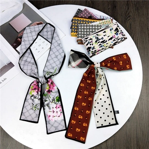 Women Double Sided Long Skinny Scarf Polyester Satin Neck Tie Hair Band Bag Handle Wrap Cat Floral Pattern Elegant