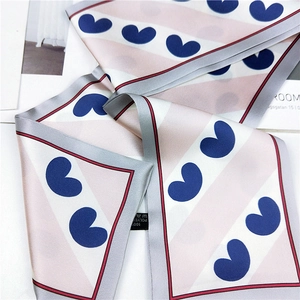 Pink and white striped silk scarf with blue hearts made of 100% polyester fabric