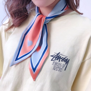 Stylish skinny twilly scarf with heart pattern in orange and blue for women's neck