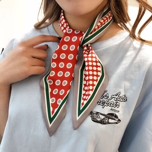 Detailed view of polka dot silk scarf tied around neck with green geometric borders