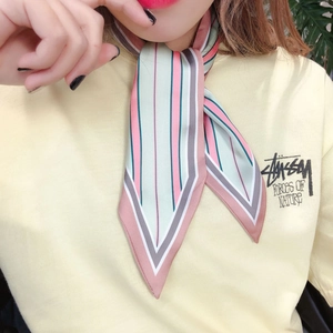 Detail of multi-colored striped silk scarf tied as a stylish necktie on a model