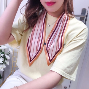 Detail of pink and red striped silk scarf with pointed V-ends and a fabric care label