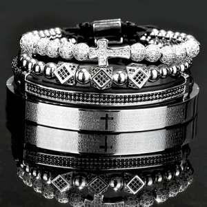 Men Bracelets And Bangle Stainless Steel Cross Padre Nuestro Religious Jewelry Laser Engraved Polished Stackable Hip Hop Style