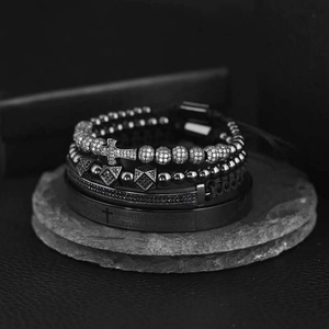 Vintage black stainless steel men's jewelry set with cross bracelets and engraved cuff