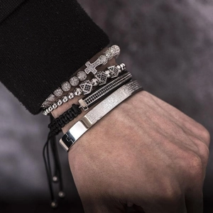 Men's vintage titanium steel bracelet set featuring religious cross and engraved scripture