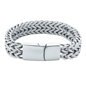 Men's double-row stainless steel wheat chain bracelet with polished magnetic clasp