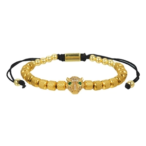 Adjustable gold leopard head bead bracelet with sparkling zircon stones and woven rope cord