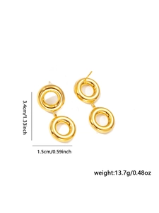 Detailed view of chunky gold double-hoop drop earrings with size and weight measurements