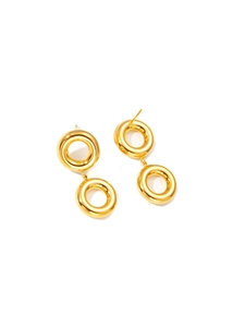 Detailed close-up of polished golden stainless steel double hoop earrings on white back