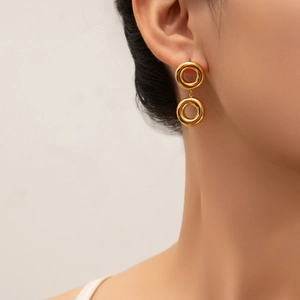 Minimalist gold double circle drop earrings in polished stainless steel for women