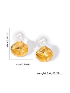 Macro detail of gold shell earrings with white pearl and product dimensions shown