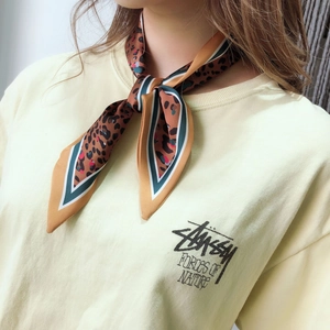 Detail of leopard print silk scarf tied as a necktie with green and beige borders