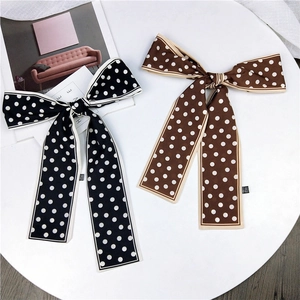 Lot de deux foulards étroits en soie à pois noir et marron noués en nœuds élégants