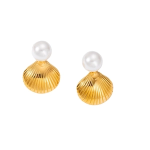 Elegant gold shell earrings with white pearl accent on a clean white background