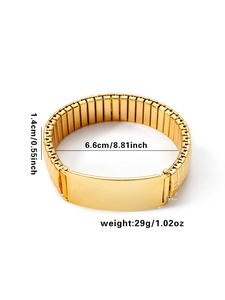 Detail of golden stainless steel stretch bracelet with sizing and weight measurements