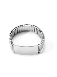 Detailed view of silver polished ID metal plate and flexible expansion watch band link