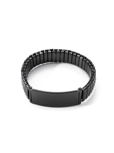Detail of black stainless steel stretch expansion watch band with blank ID plate
