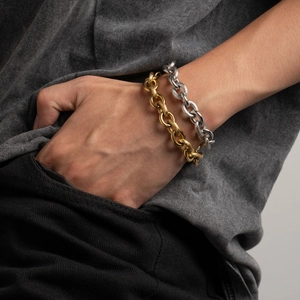 Titanium Steel Chain Link Bracelet 18K Gold Plated Textured Geometric Punk Hip Hop Jewelry For Men Women
