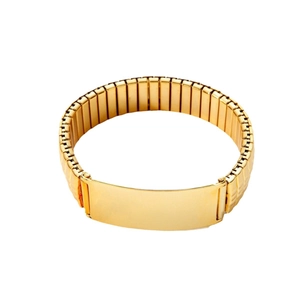 Polished gold stretch metal bracelet with engravable rectangular plaque for men